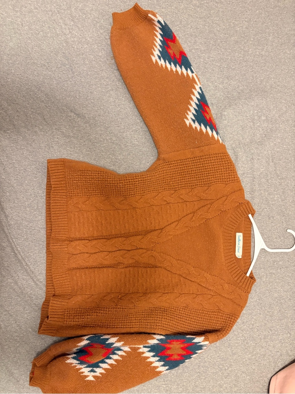 Southern Grace Rust Cable Knit Sweater with Multicolor Aztec Sleeves